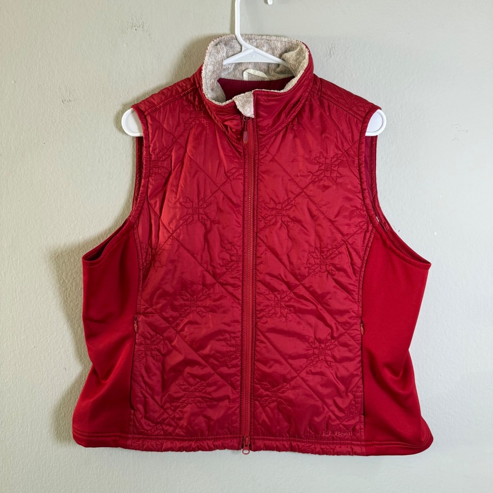 LL Bean Womens XL Red Quilted Snowflake Vest Faux Fur Collar PET 272514